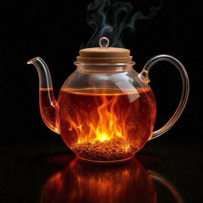 The primary subject of the image is a teapot with a flame inside it. The teapot is made of glass and has a wooden lid. The setting is a black background, which emphasizes the teapot and the flame. The visual style is a close-up shot of the teapot, showcasing its details. The colors in the image are predominantly black and orange, creating a dramatic and intense atmosphere.
